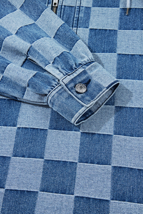 Checkered Print Denim Zipped Neck Kangaroo Pocket Hoodie