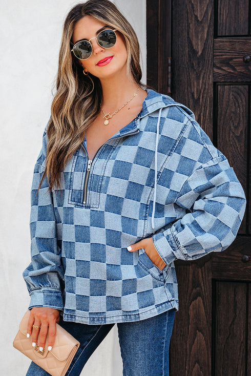 Checkered Print Denim Zipped Neck Kangaroo Pocket Hoodie