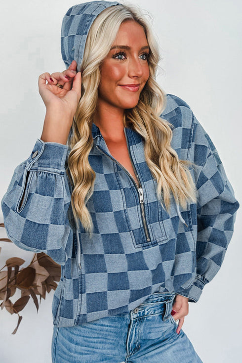 Checkered Print Denim Zipped Neck Kangaroo Pocket Hoodie