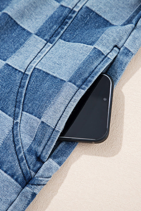 Checkered Print Denim Zipped Neck Kangaroo Pocket Hoodie