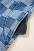 Checkered Print Denim Zipped Neck Kangaroo Pocket Hoodie