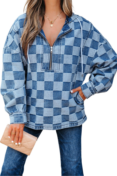 Checkered Print Denim Zipped Neck Kangaroo Pocket Hoodie