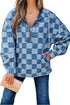 Checkered Print Denim Zipped Neck Kangaroo Pocket Hoodie