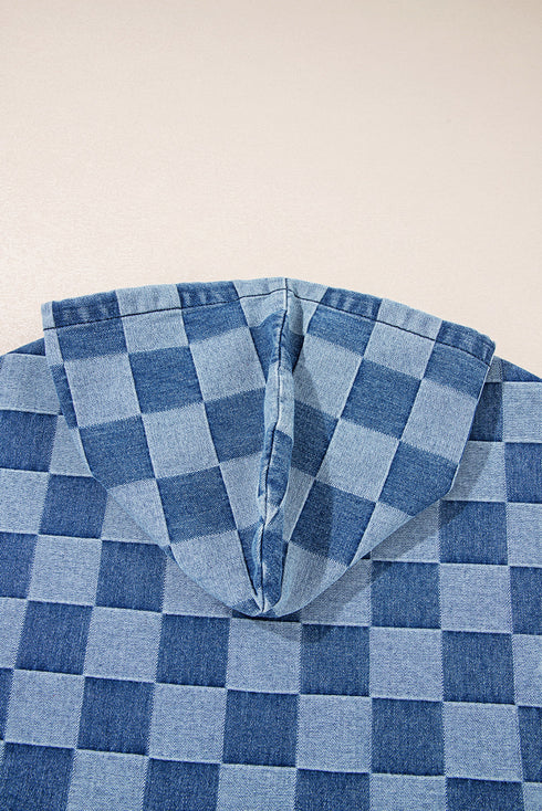 Checkered Print Denim Zipped Neck Kangaroo Pocket Hoodie