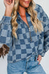 Checkered Print Denim Zipped Neck Kangaroo Pocket Hoodie