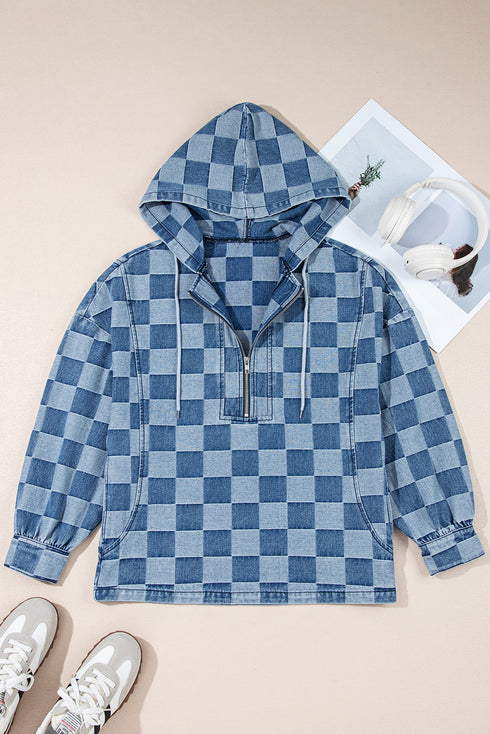 Checkered Print Denim Zipped Neck Kangaroo Pocket Hoodie