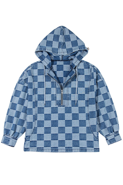 Checkered Print Denim Zipped Neck Kangaroo Pocket Hoodie