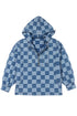 Checkered Print Denim Zipped Neck Kangaroo Pocket Hoodie