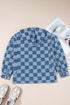 Checkered Print Denim Zipped Neck Kangaroo Pocket Hoodie