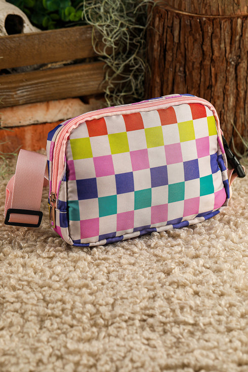 Checkered Print Dual Compartment Adjustable Strap Crossbody Bag