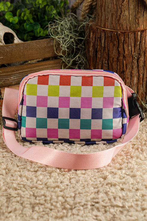 Checkered Print Dual Compartment Adjustable Strap Crossbody Bag