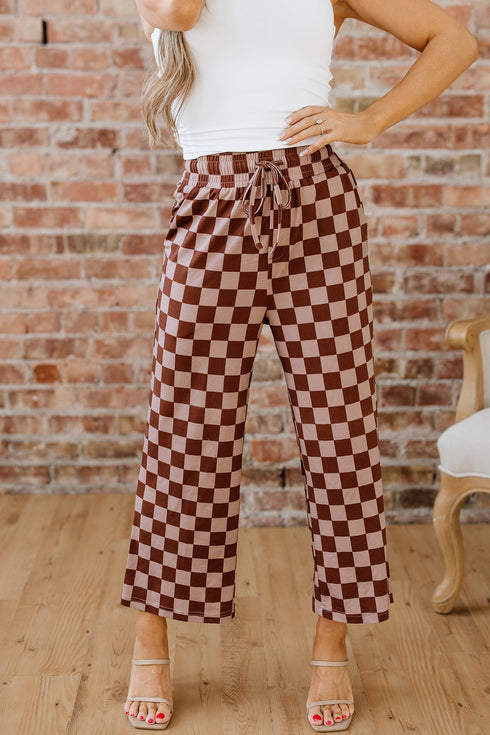 Checkered Print Elastic High Waist Wide Leg Casual Pants