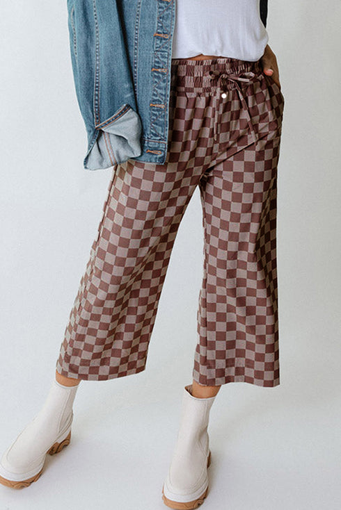 Checkered Print Elastic High Waist Wide Leg Casual Pants
