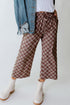 Checkered Print Elastic High Waist Wide Leg Casual Pants
