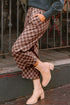 Checkered Print Elastic High Waist Wide Leg Casual Pants