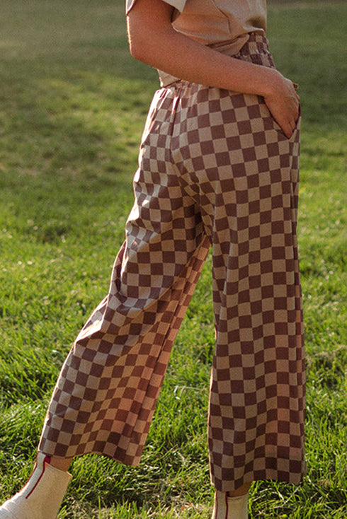 Checkered Print Elastic High Waist Wide Leg Casual Pants