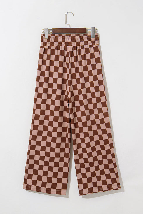 Checkered Print Elastic High Waist Wide Leg Casual Pants