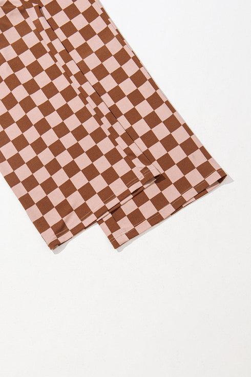 Checkered Print Elastic High Waist Wide Leg Casual Pants