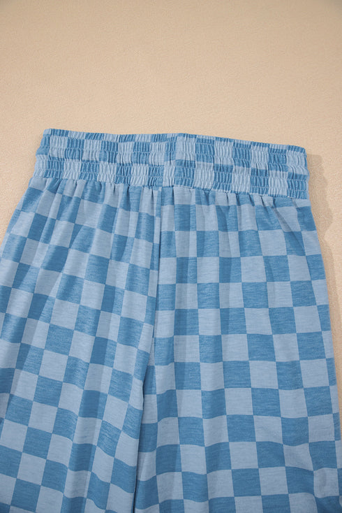 Checkered Print Elastic High Waist Wide Leg Casual Pants