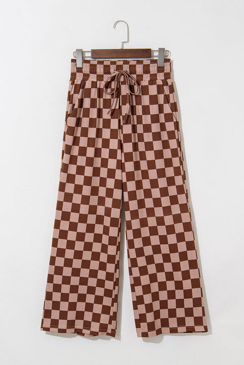Checkered Print Elastic High Waist Wide Leg Casual Pants