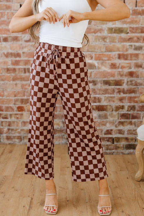 Checkered Print Elastic High Waist Wide Leg Casual Pants