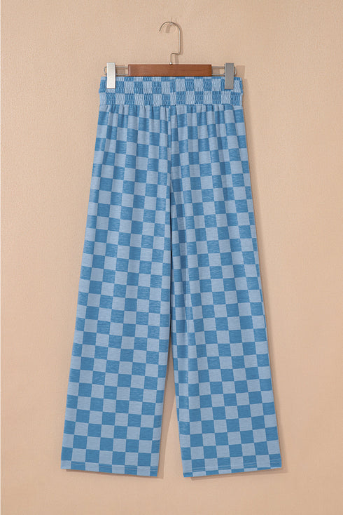 Checkered Print Elastic High Waist Wide Leg Casual Pants
