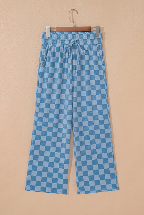 Checkered Print Elastic High Waist Wide Leg Casual Pants