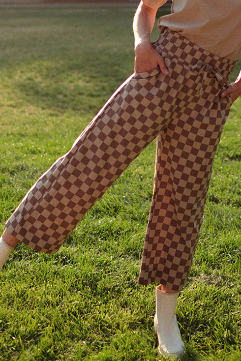Checkered Print Elastic High Waist Wide Leg Casual Pants