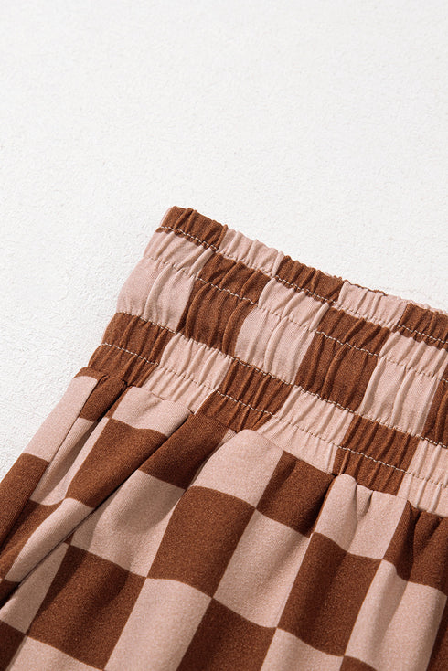 Checkered Print Elastic High Waist Wide Leg Casual Pants