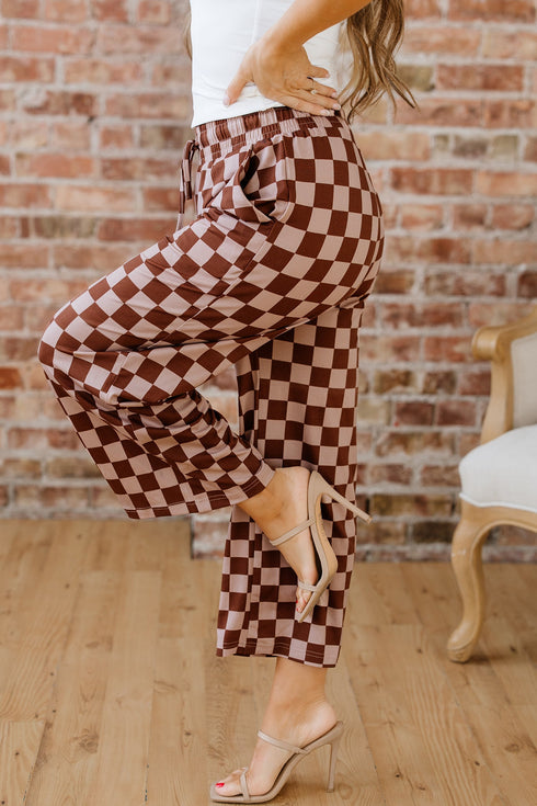 Checkered Print Elastic High Waist Wide Leg Casual Pants