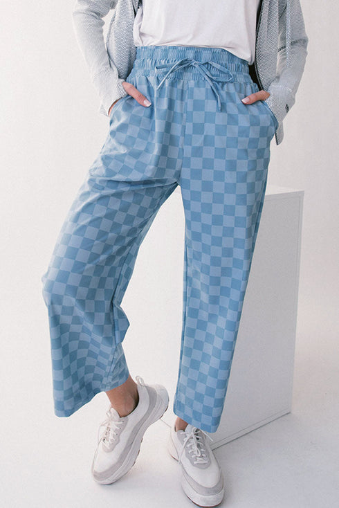 Checkered Print Elastic High Waist Wide Leg Casual Pants