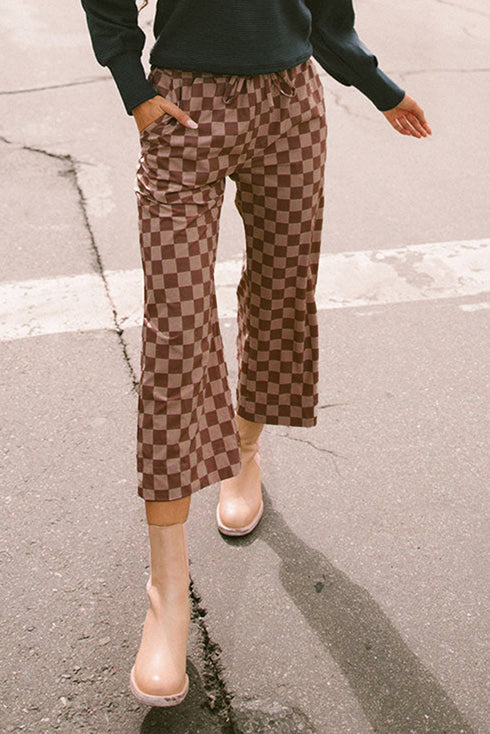 Checkered Print Elastic High Waist Wide Leg Casual Pants