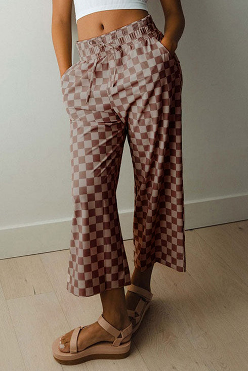 Checkered Print Elastic High Waist Wide Leg Casual Pants