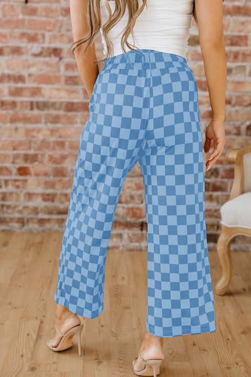 Checkered Print Elastic High Waist Wide Leg Casual Pants