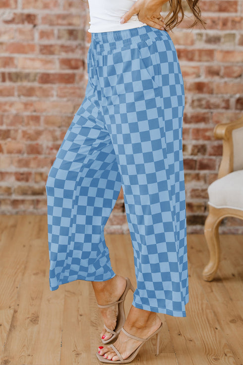 Checkered Print Elastic High Waist Wide Leg Casual Pants
