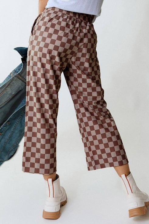 Checkered Print Elastic High Waist Wide Leg Casual Pants