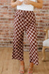 Checkered Print Elastic High Waist Wide Leg Casual Pants