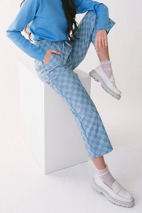 Checkered Print Elastic High Waist Wide Leg Casual Pants