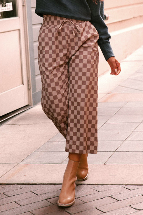 Checkered Print Elastic High Waist Wide Leg Casual Pants
