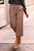 Checkered Print Elastic High Waist Wide Leg Casual Pants