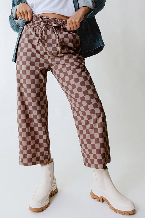 Checkered Print Elastic High Waist Wide Leg Casual Pants