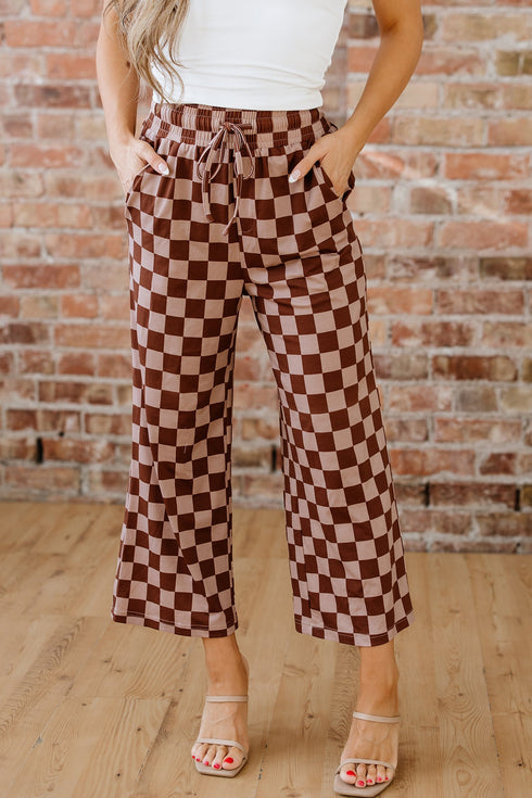 Checkered Print Elastic High Waist Wide Leg Casual Pants