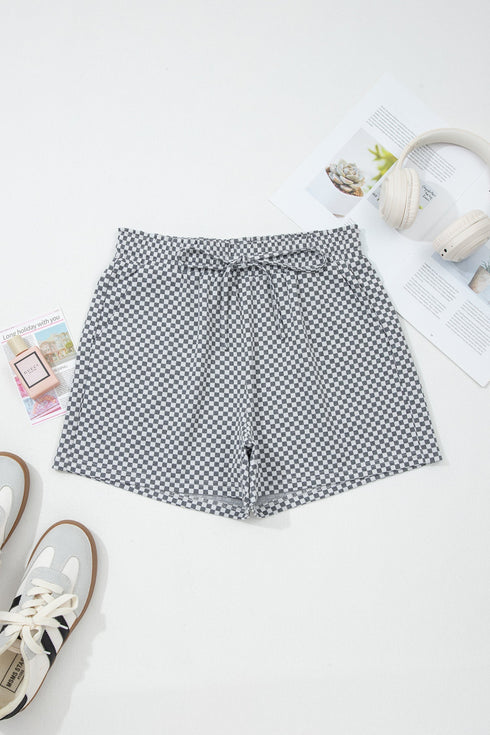Checkered Print Elastic Waist Drawstring Pocketed Casual Shorts