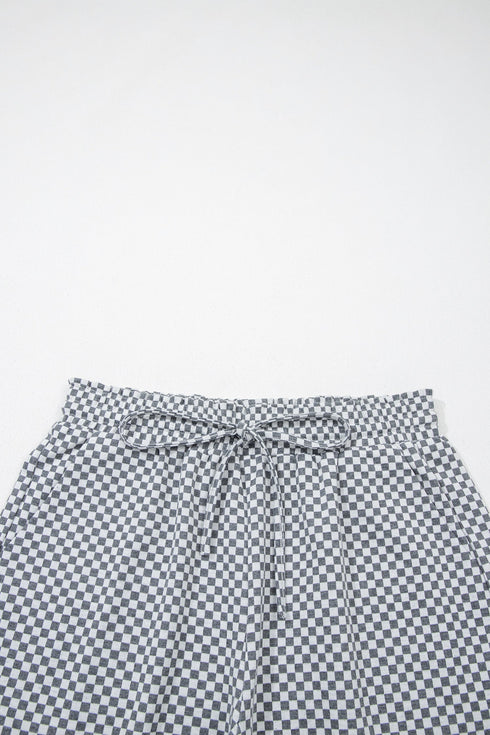 Checkered Print Elastic Waist Drawstring Pocketed Casual Shorts