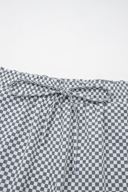 Checkered Print Elastic Waist Drawstring Pocketed Casual Shorts