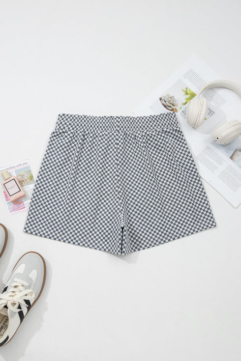 Checkered Print Elastic Waist Drawstring Pocketed Casual Shorts