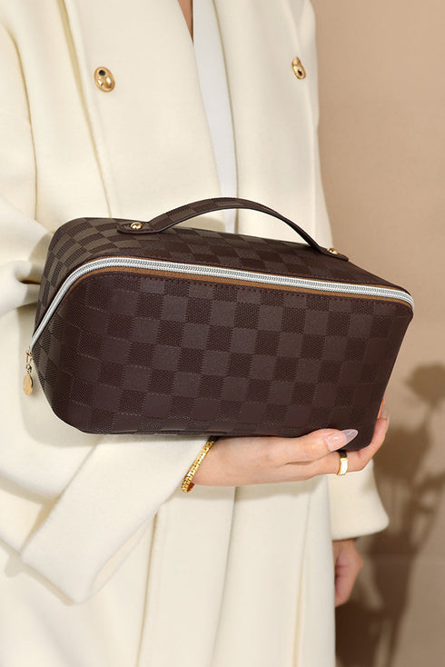 Checkered Print Faux Leather Top Handle Makeup Bag