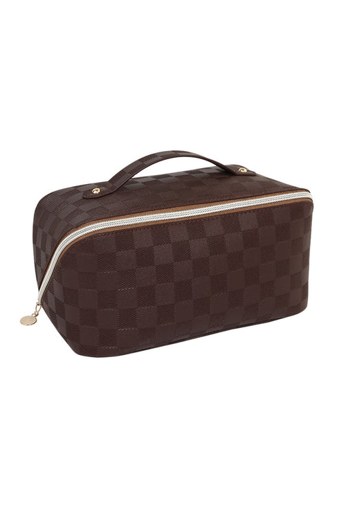 Checkered Print Faux Leather Top Handle Makeup Bag