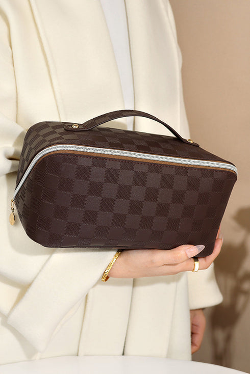 Checkered Print Faux Leather Top Handle Makeup Bag