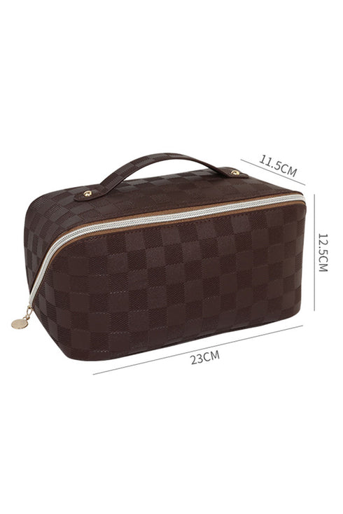 Checkered Print Faux Leather Top Handle Makeup Bag